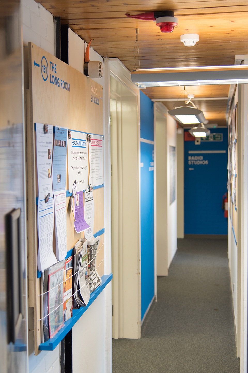 UCA Journalism studio space showing magnetic notice boards designed by Studio Mothership