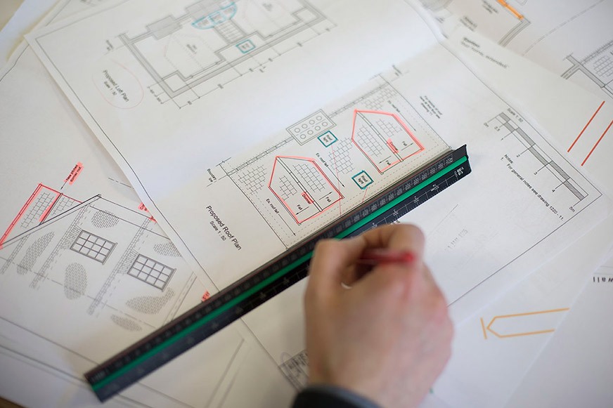 Shot of building plans at the Kantec office.
