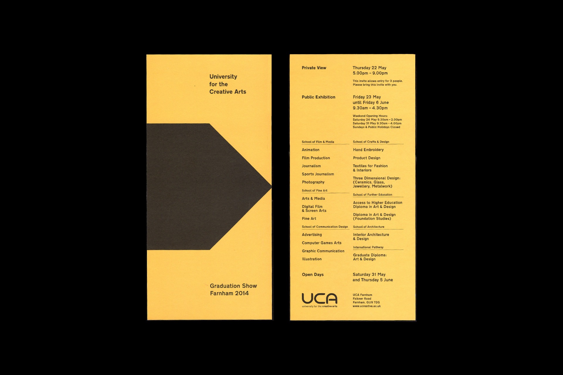 Front and reverse view of printed invited for the UCA 2014 degree show