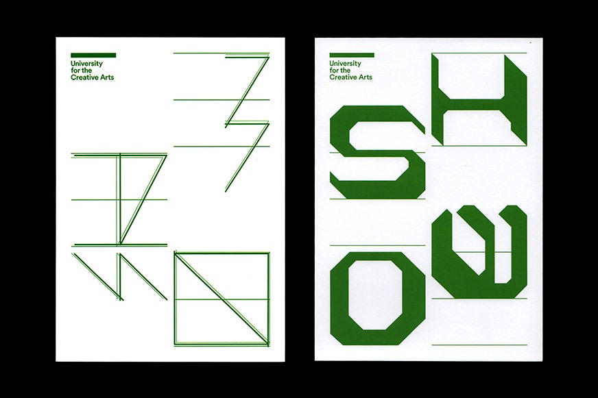 Variants of the bespoke typographic elements created for the UCA degree show 2018.