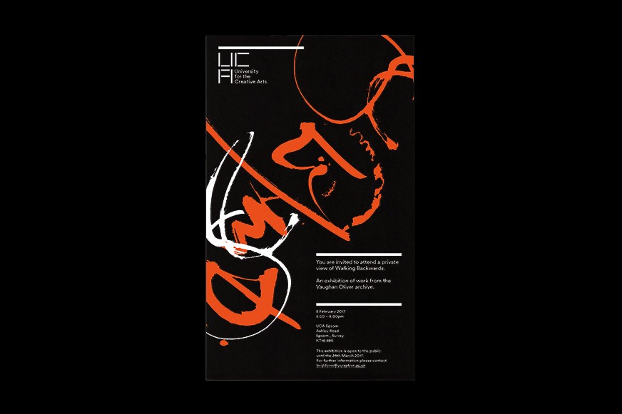 Printed invite for the Vaughan Oliver exhibition at UCA Epsom featuring a graphic element in orange and white inspired by work from Vaughan's archive.