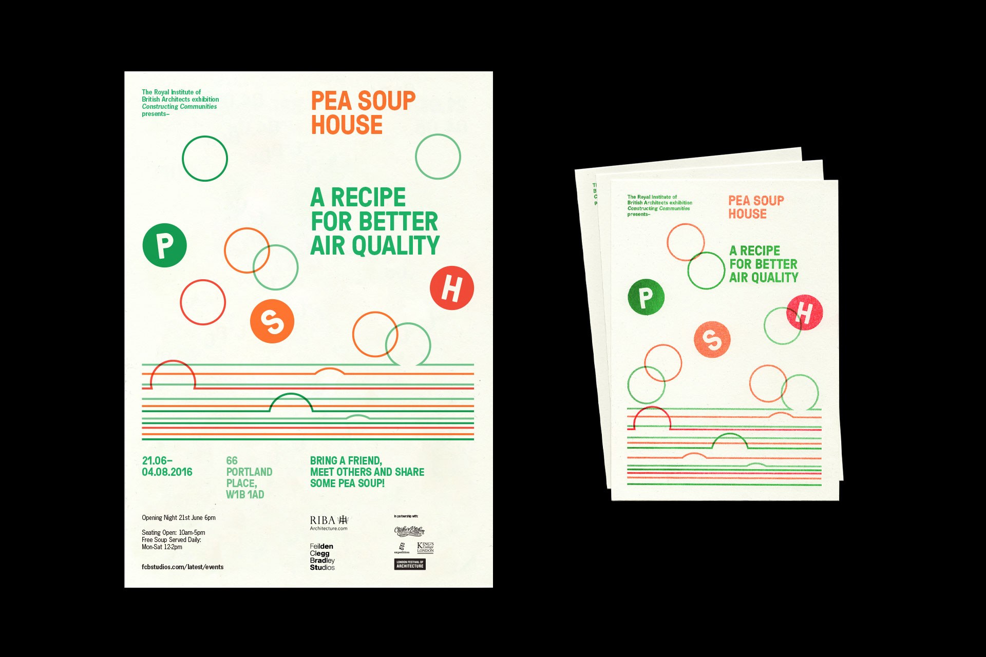 Poster and flyers for the Pea Soup House installation at the RIBA London.